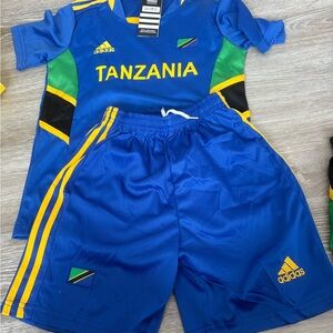 Adidas Kids Blue and Green Tanzania Soccer Jersey Set